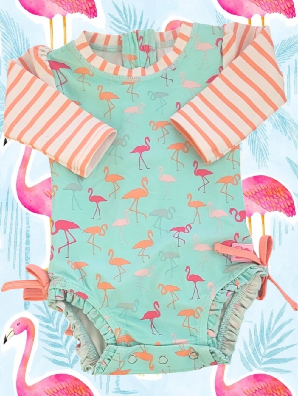 RuffleButts Baby Girl's Mint Flamingo Striped Long-Sleeve  One-Piece Swimsuit